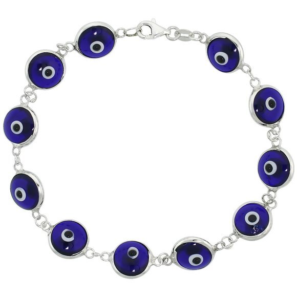 🧿10mm Sterling Silver Blue Evil Eye Bracelet 7" - Picture 1 of 2